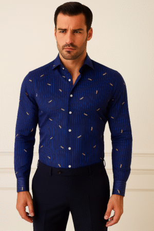 Men’s Navy Blue Car Motif Pinstripe Shirt – Luxury Tailored Fit