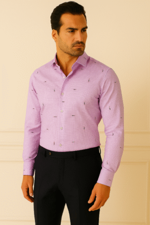 Men's Premium Printed Shirt – Lavender Grid with Iconic Lipstick Motif