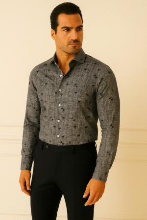 GeoText™ Premium Printed Cotton Shirt – Monochrome Graphite