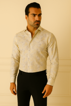 Premium Leaf Pattern Linen Shirt – Beige Elegance