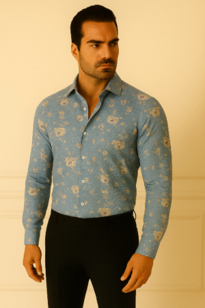 Premium Floral Linen Shirt – Mist Blue Bloom
