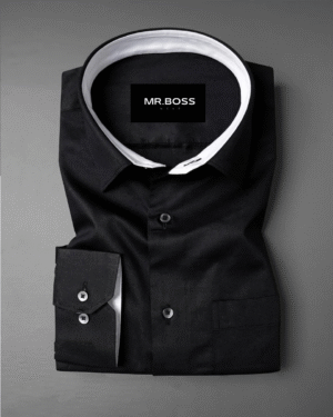 Black With White Inner Cuffs & Collar Giza Cotton Shirt