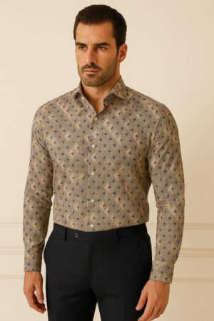 Men's Tailored Geometric Print Dress Shirt – Beige & Navy